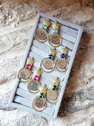 گوشواره زنانه سکه و تاج پهلوی گالری عزیزی طرح نگین دار