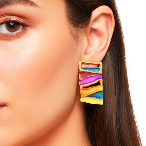 گوشواره زنانه جدید گالری عزیزی مدل رنگین کمان ( میناکاری شده )