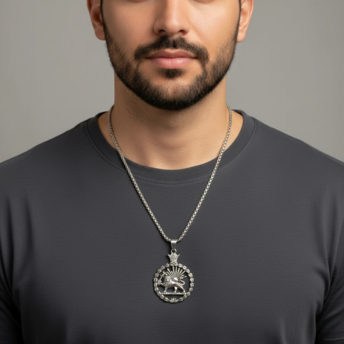 گردنبند مردانه استیل گالری عزیزی مدل شیر و خورشید